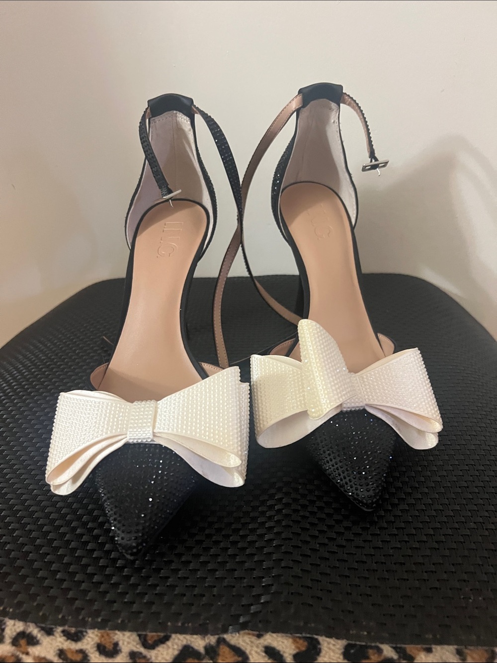 INC International Concepts Black Pointed Toe Ankle-Strap Heels with White Bow